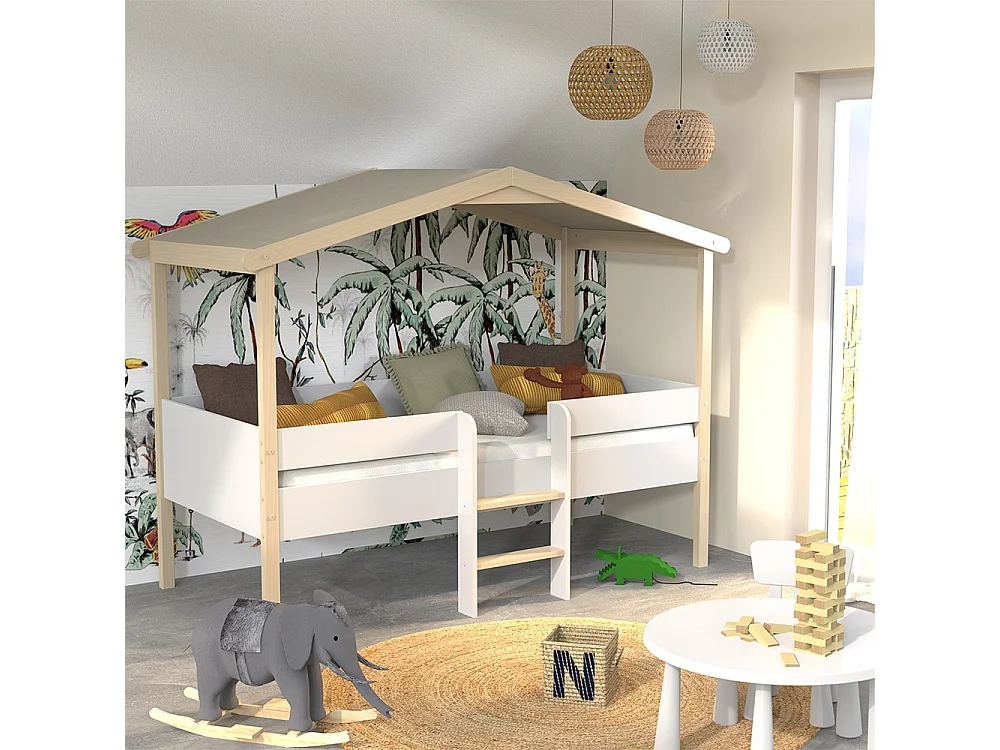 Lit cabane PILOTI 90x190 + 1sommier+ matelas IRIS / Blanc et Bois clair