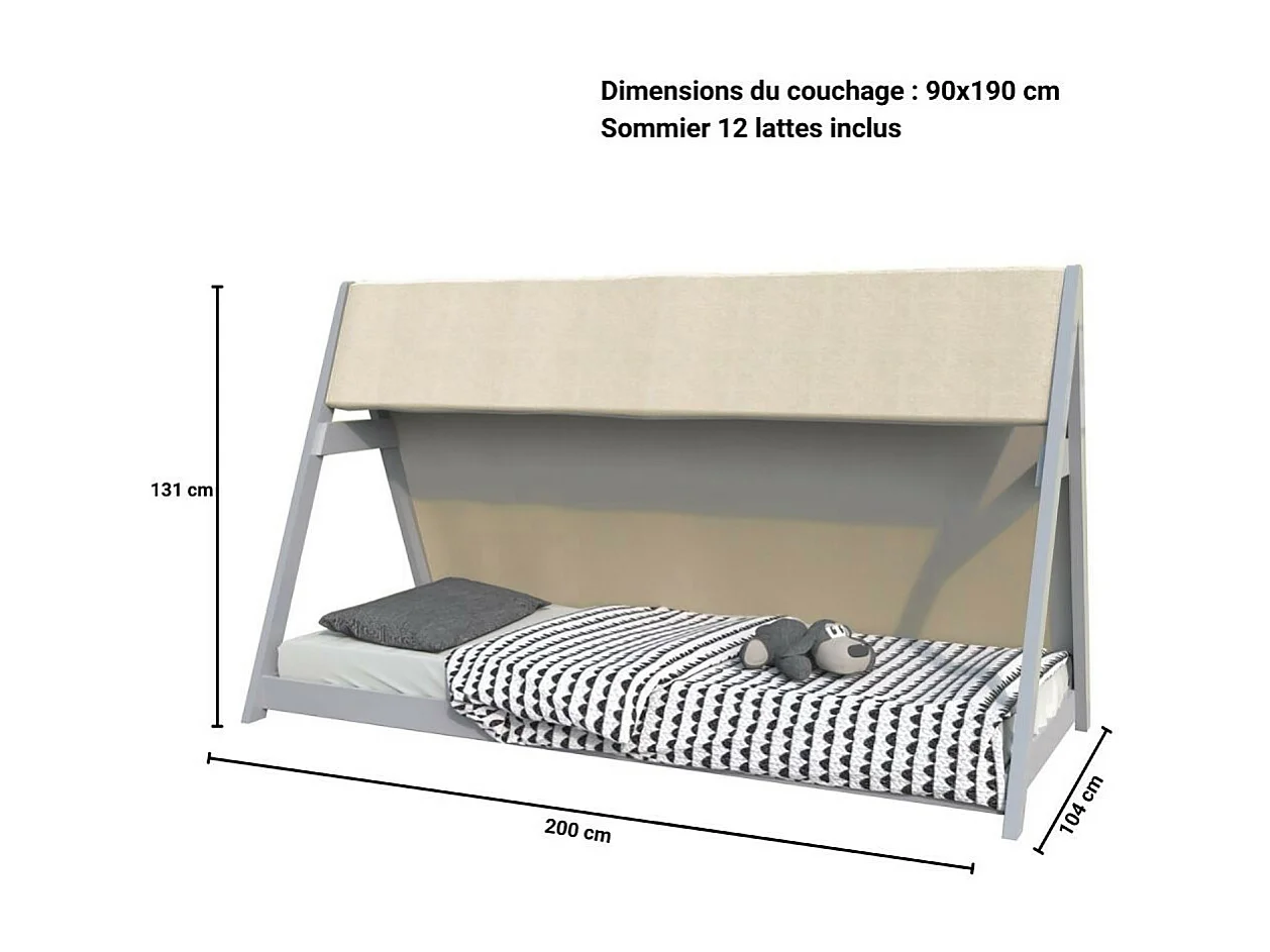 Lit cabane TIPI 90x190 + 1 toile + 1 sommier / Gris