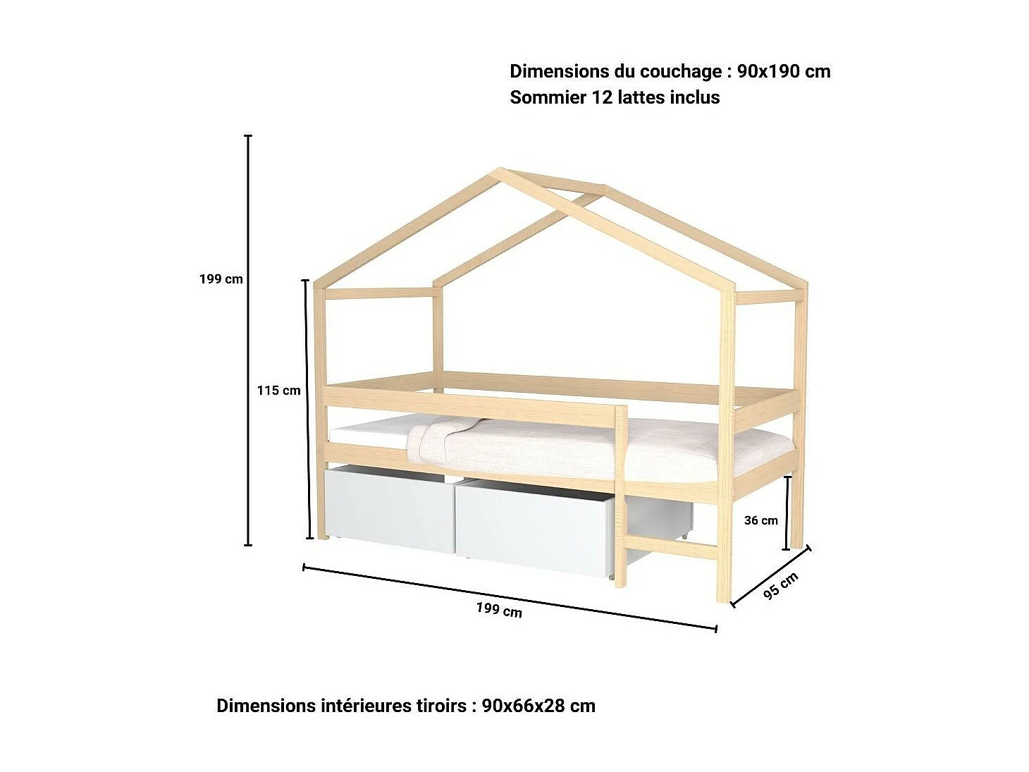 Lit cabane MIKA 90x190 + sommier +2 tiroirs + matelas IRIS  / Naturel & blanc