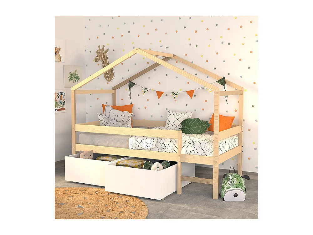 Lit cabane MIKA 90x190 + sommier +2 tiroirs + matelas IRIS  / Naturel & blanc