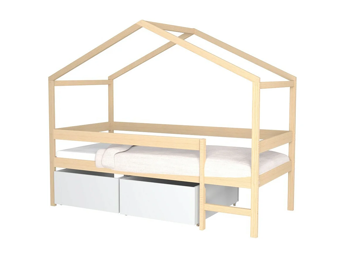 Lit cabane MIKA 90x190 + sommier +2 tiroirs + matelas IRIS  / Naturel & blanc
