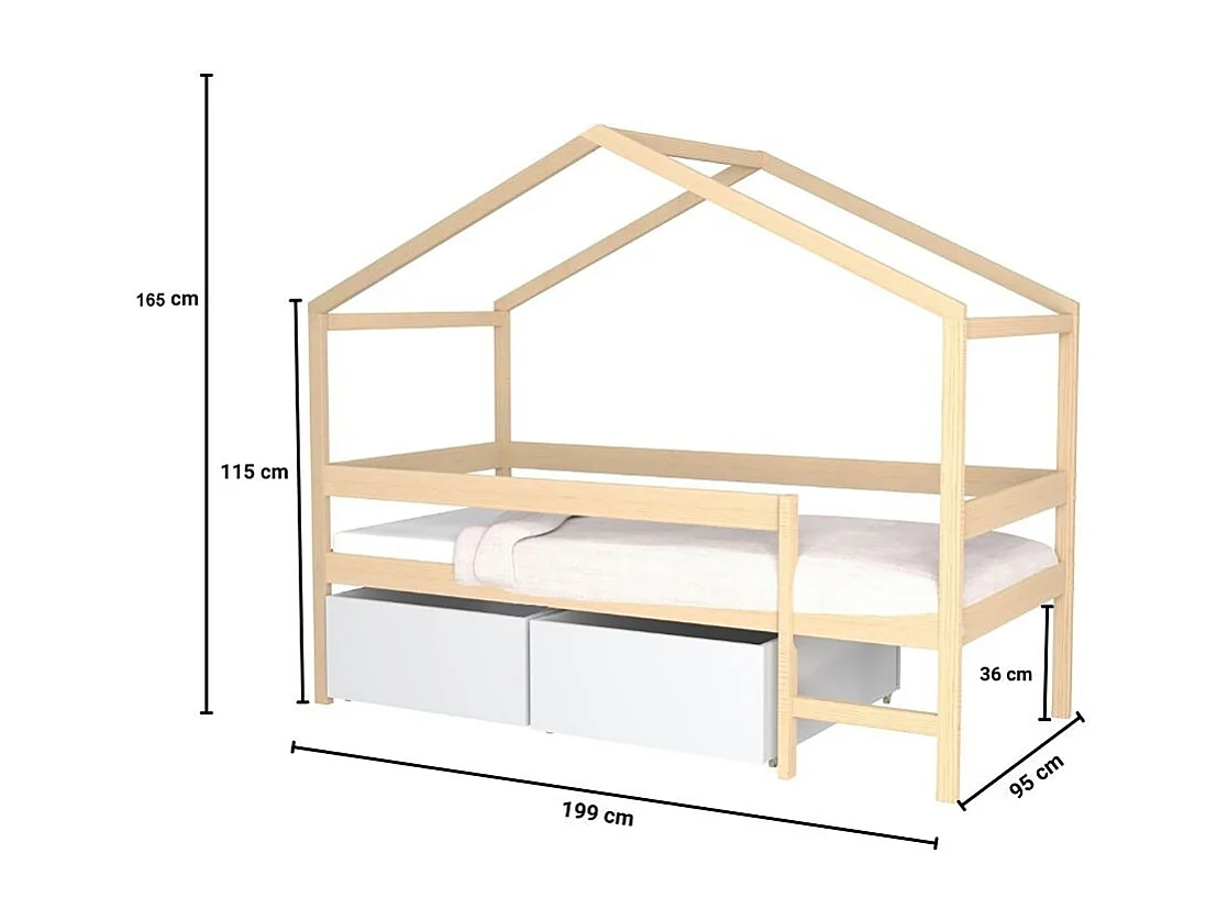 Lit cabane MIKA 90x190 + sommier +2 tiroirs + matelas IRIS  / Naturel & blanc