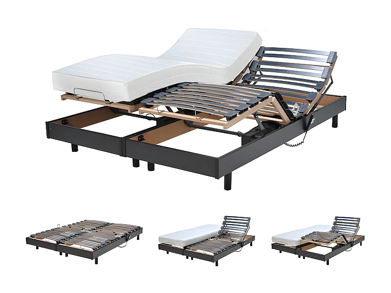Ensemble 2 sommiers relaxation électrique FLEXPUR 80x200 + 2 matelas mémoire de forme / Noir