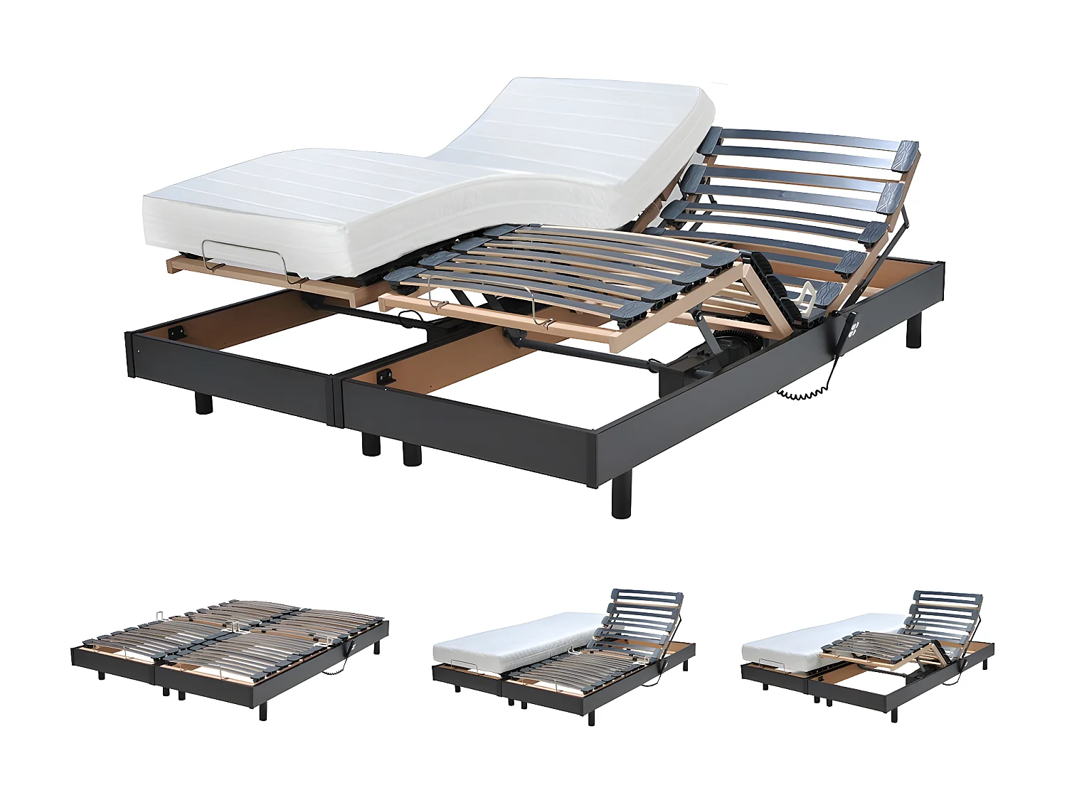 Ensemble 2 sommiers relaxation électrique FLEXPUR 80x200 + 2 matelas mémoire de forme / Noir