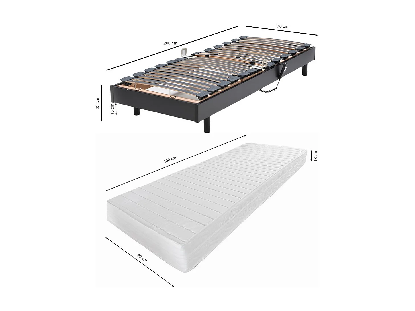 Ensemble 2 sommiers relaxation électrique FLEXPUR 80x200 + 2 matelas mémoire de forme / Noir