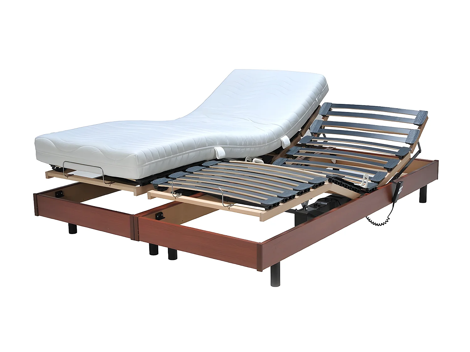 Ensemble 2 sommiers relaxation électrique FLEXPUR 80x200 + 2 matelas mémoire de forme / Décor Merisier