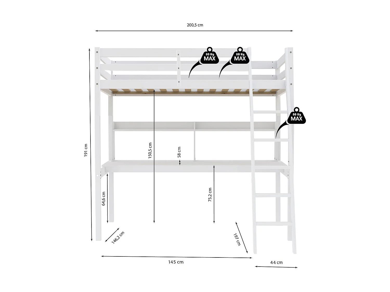 Lit mezzanine STUDIO 140x190 + 1 sommier + bureau + étagère / Blanc