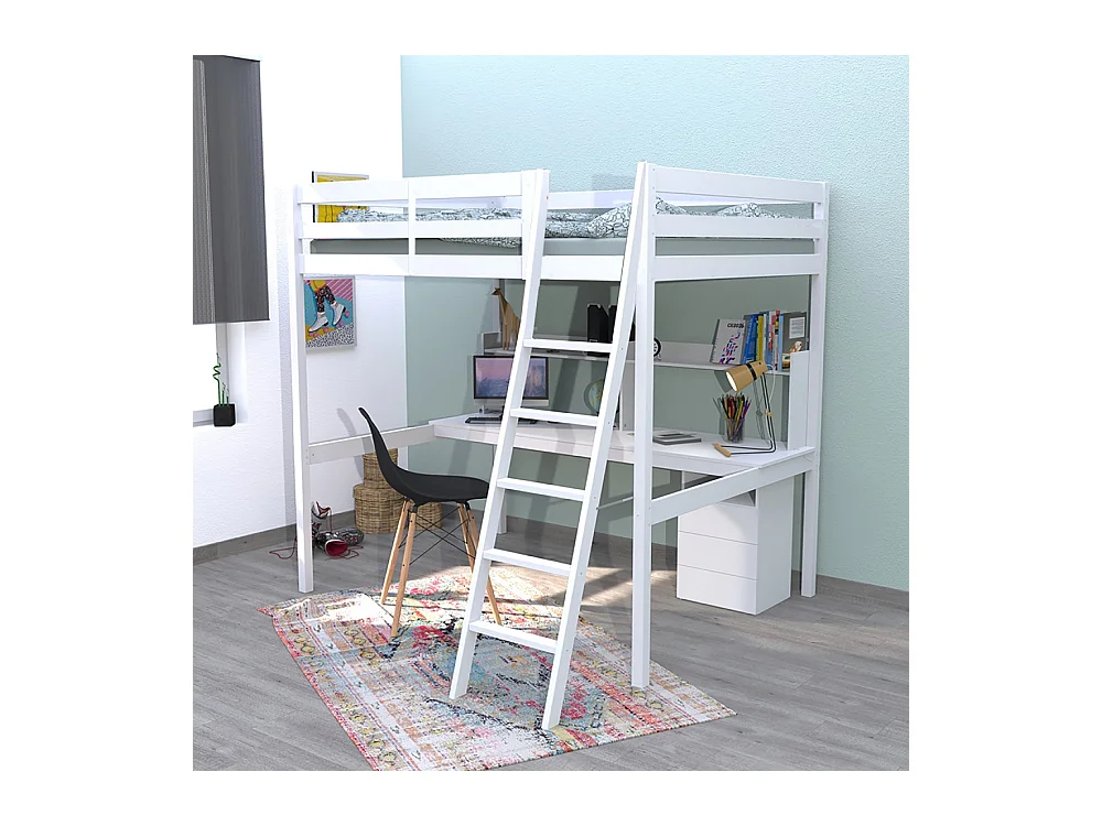 Lit mezzanine STUDIO 140x190 + 1 sommier + caisson 3 tiroirs + bureau + étagère / Blanc