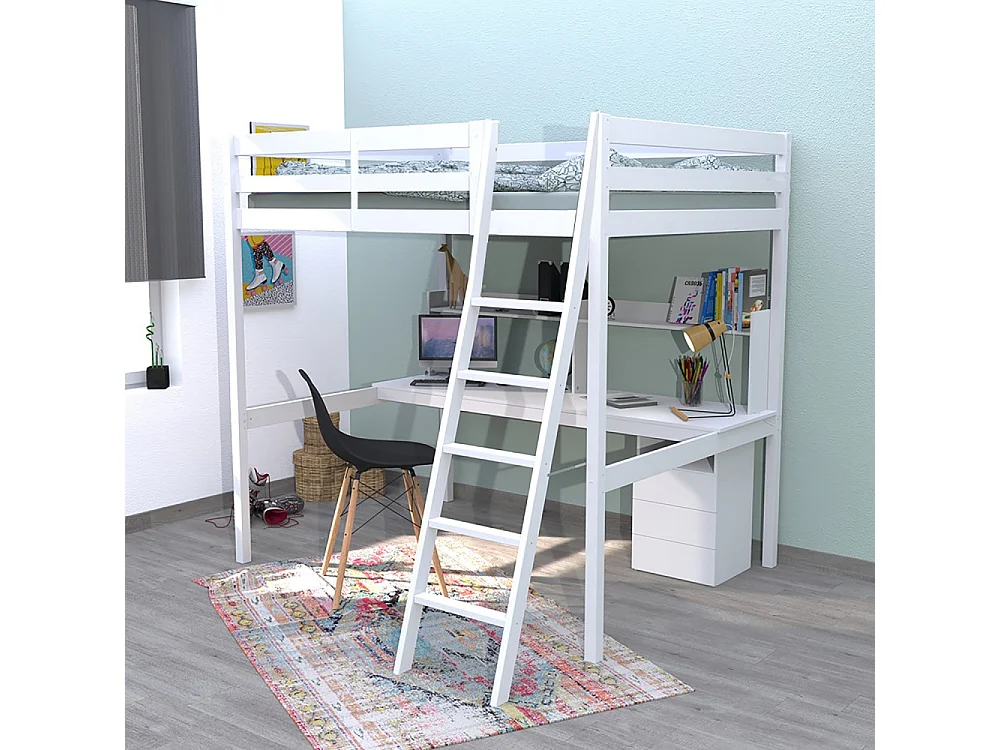 Lit mezzanine STUDIO 140x190 + 1 sommier + caisson 3 tiroirs + bureau + étagère / Blanc