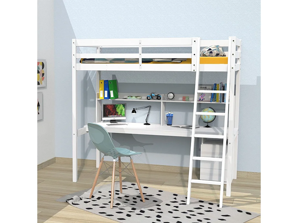 Lit mezzanine STUDIO 90x190 + 1 sommier + caisson 3 tiroirs + bureau + étagère / Blanc