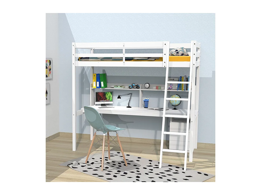 Lit mezzanine STUDIO 90x190 + 1 sommier + caisson 3 tiroirs + bureau + étagère / Blanc