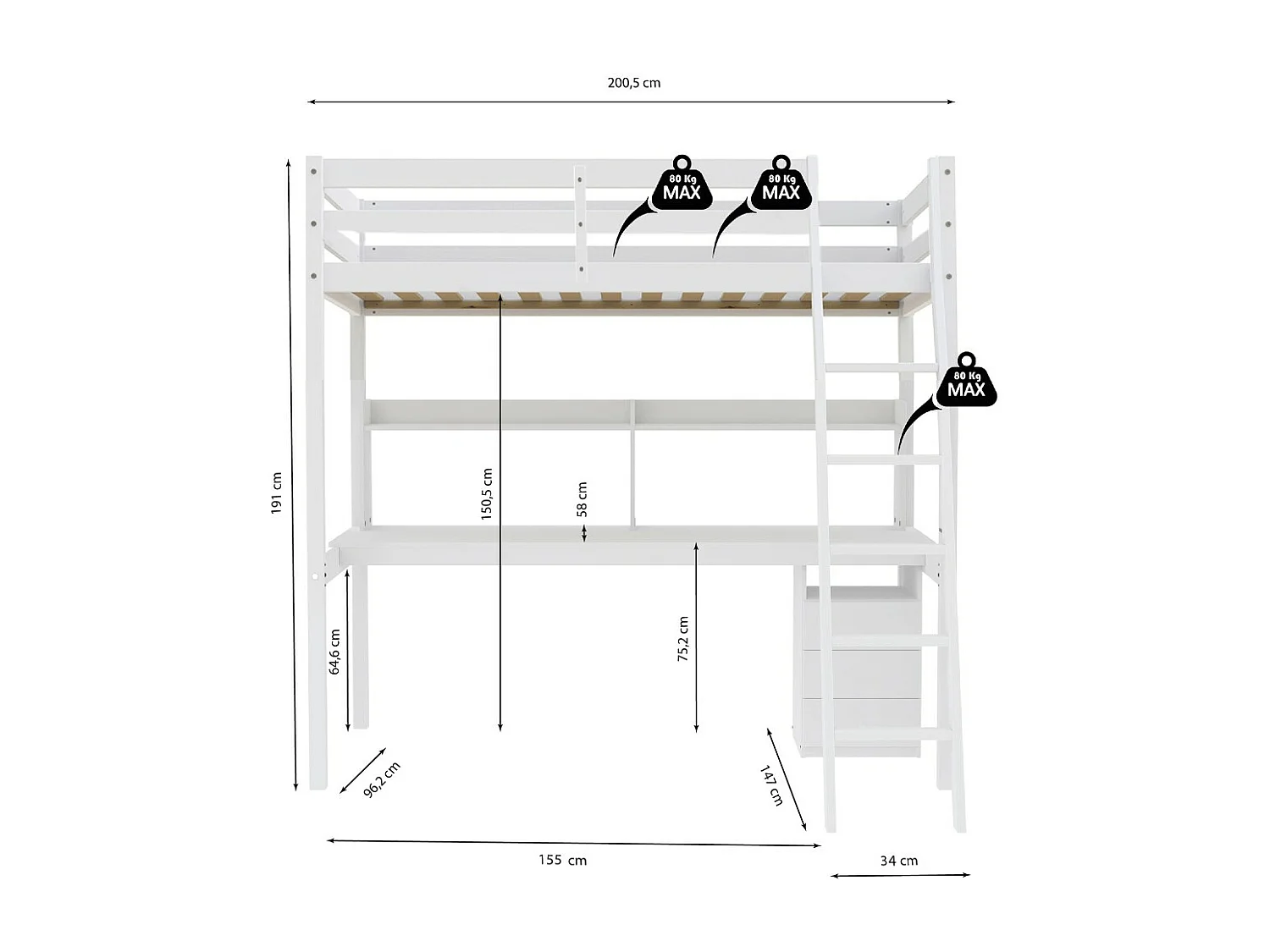 Lit mezzanine STUDIO 90x190 + 1 sommier + caisson 3 tiroirs + bureau + étagère / Blanc