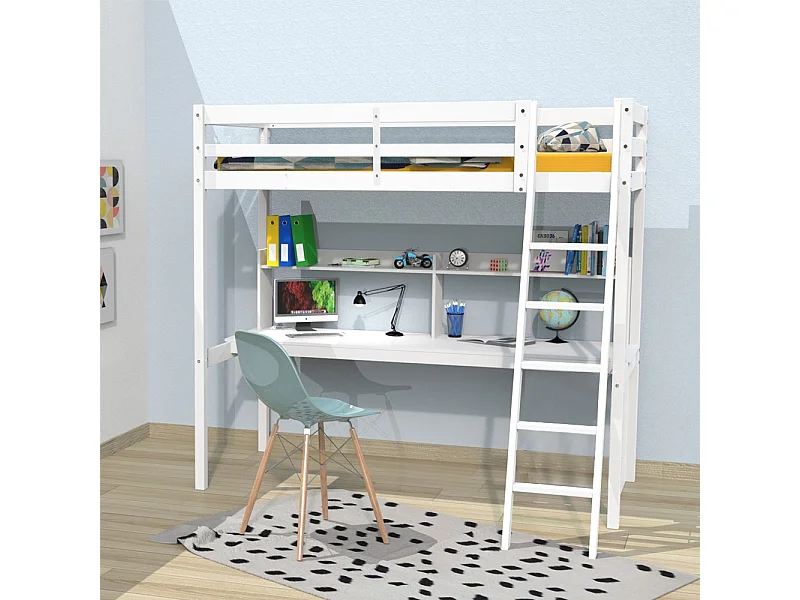 Lit mezzanine STUDIO 90x190 + 1 sommier + bureau + étagère / Blanc