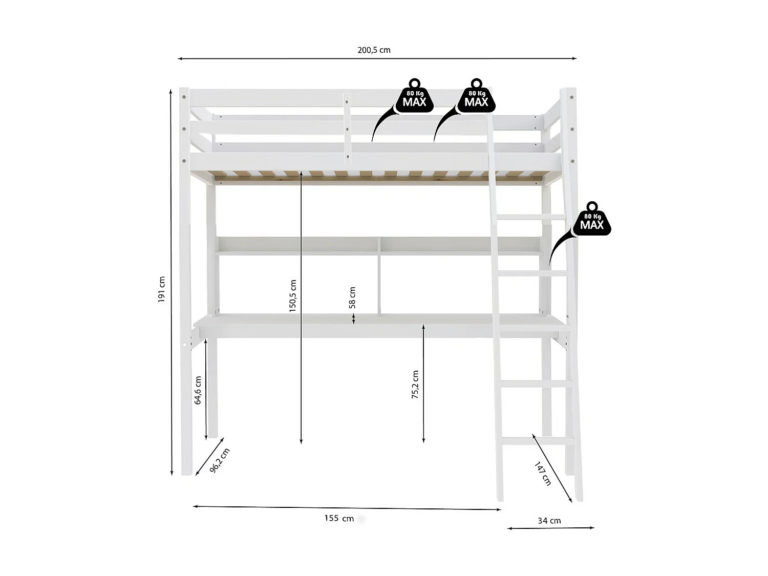 Lit mezzanine STUDIO 90x190 + 1 sommier + bureau + étagère / Blanc