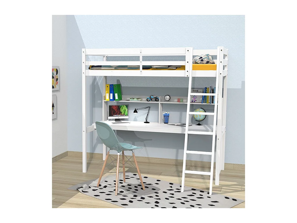 Lit mezzanine STUDIO 90x190 + 1 sommier + bureau + étagère / Blanc