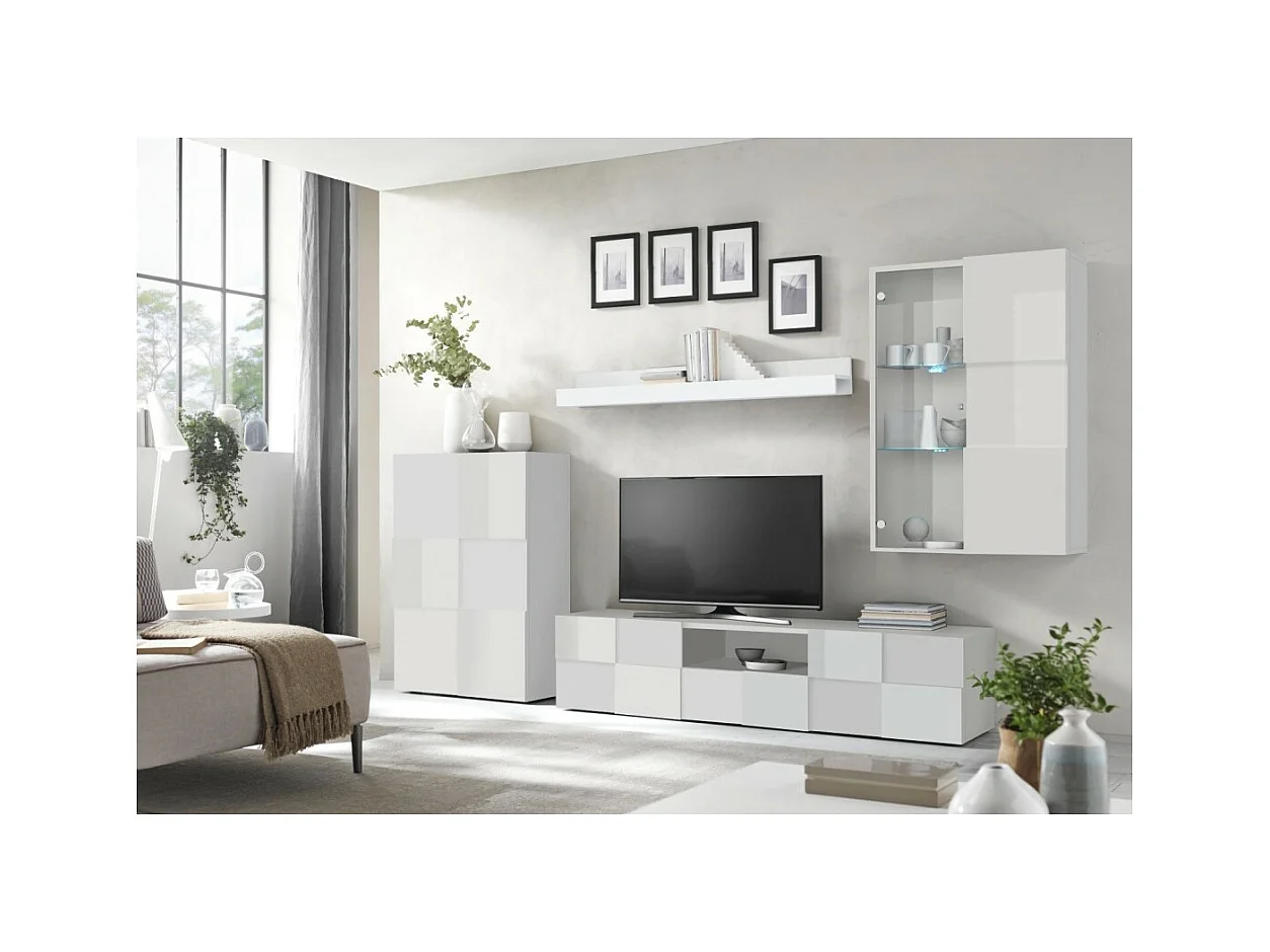 Conjunto de móveis de sala de estar design com vários armazenamentos, coleção ADAM. Cor branca laqueada.