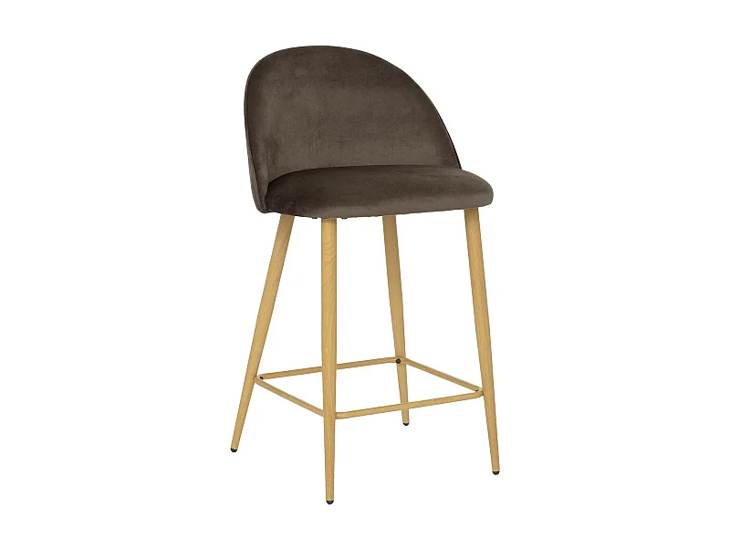 Tabouret Chaise de Bar en velours Taupe et  pieds en métal aspect chêne