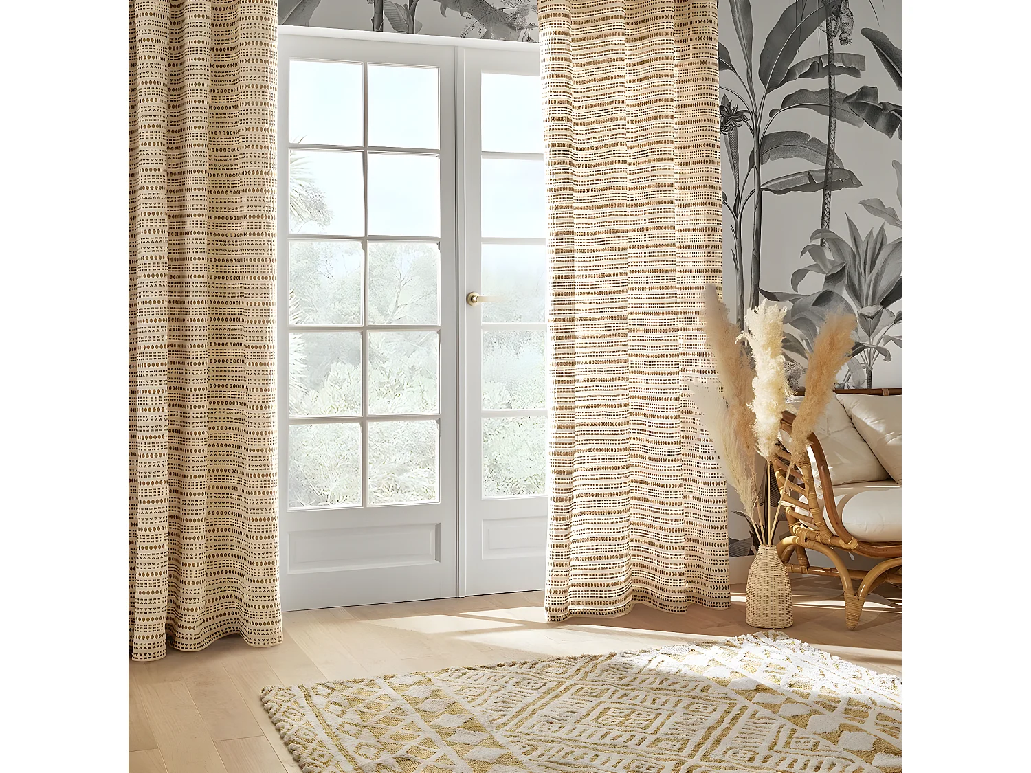Rideau à œillets Jacquard Beige Lin 130 x 260 cm