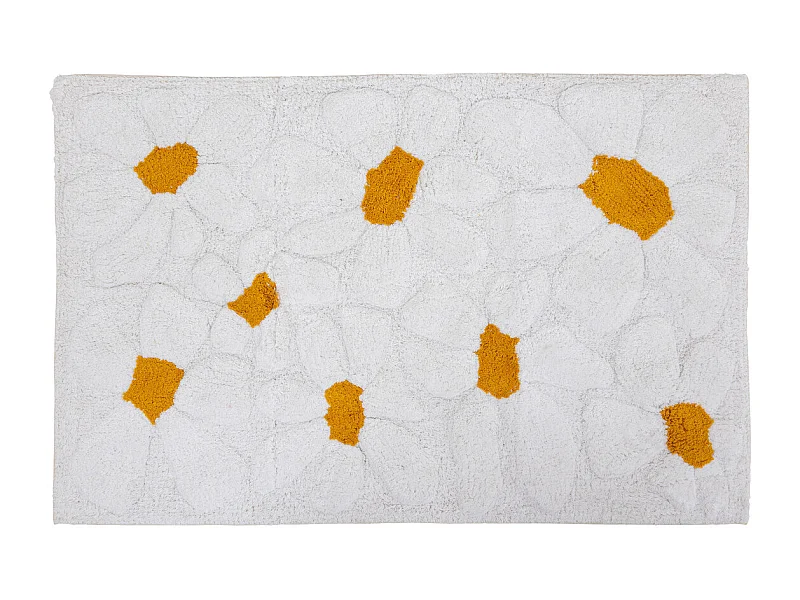 Tapis décoratif en Coton Blanc et Ocre motif floraux en relief 60 x 90 cm