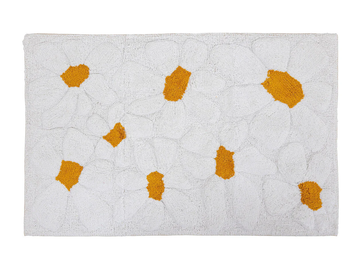 Tapis décoratif en Coton Blanc et Ocre motif floraux en relief 60 x 90 cm