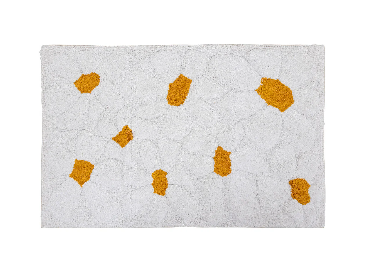 Tapis décoratif en Coton Blanc et Ocre motif floraux en relief 60 x 90 cm