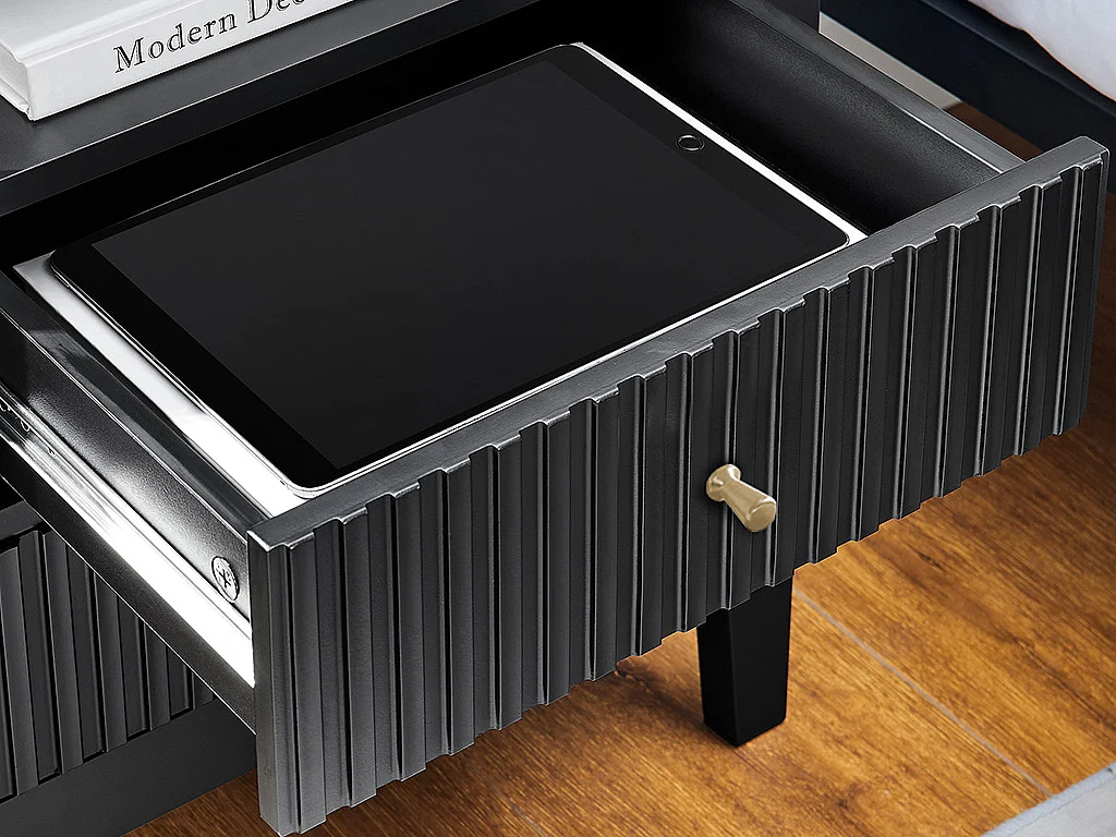 Table de chevet 2 tiroirs et 1 tablette - MDF - Noir - NARIVA