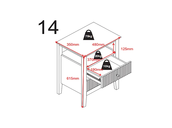 Comodino con 2 cassetti e 1 ripiano MDF Nero - NARIVA