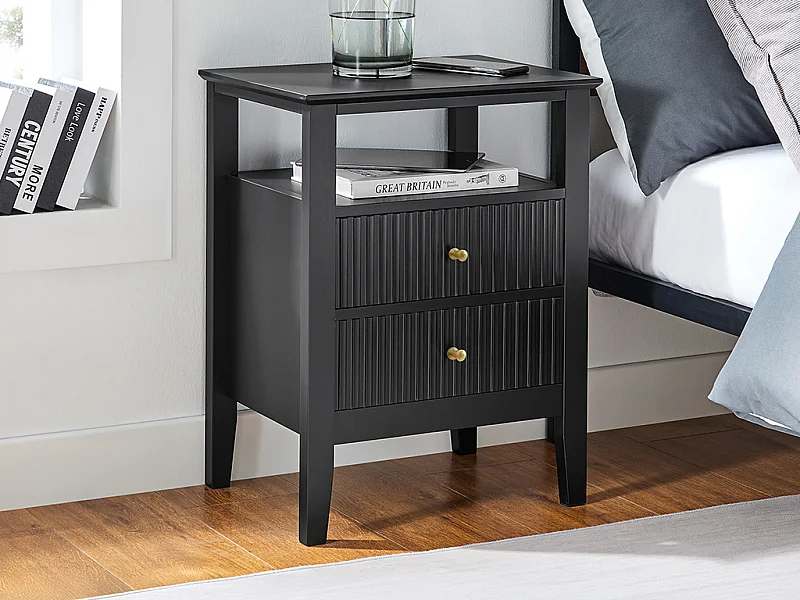 Comodino con 2 cassetti e 1 ripiano MDF Nero - NARIVA