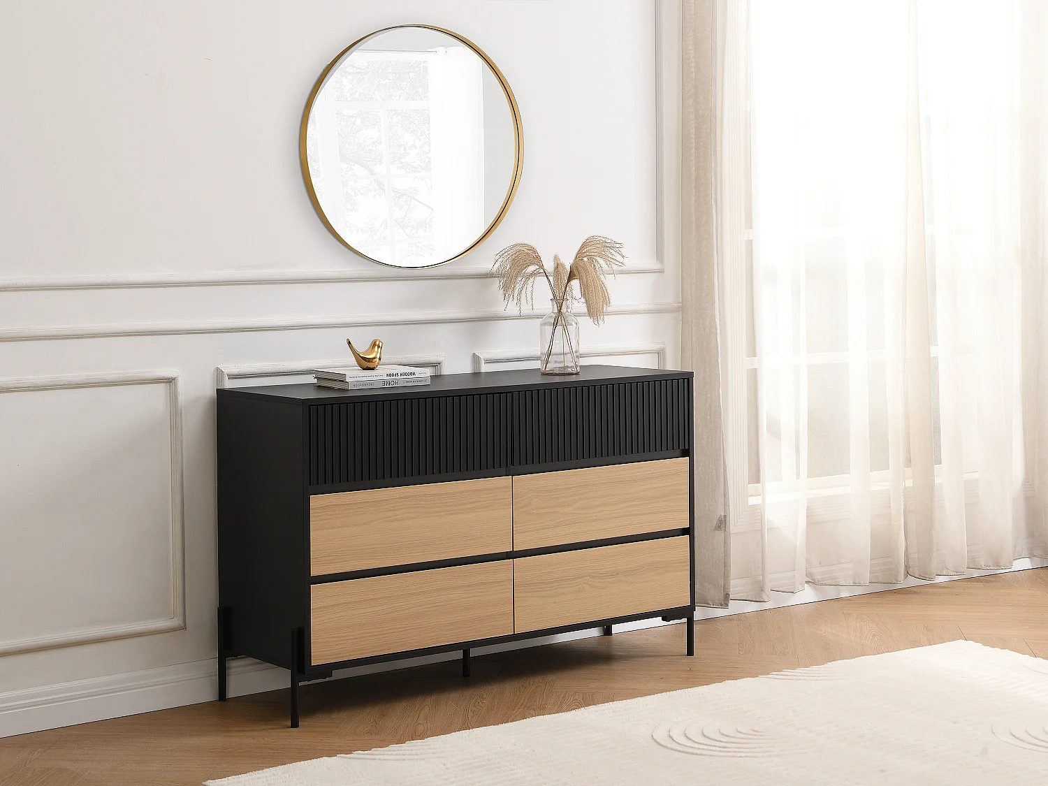 Commode 6 tiroirs - Noir et naturel  clair - GLARODI