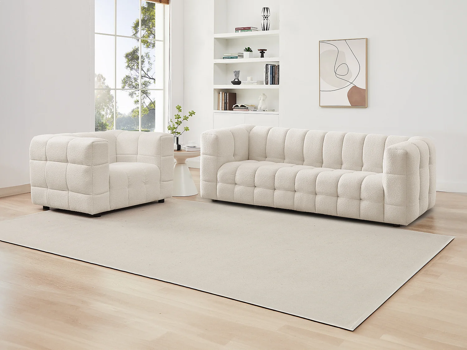 Sofagarnitur 3-Sitzer & Sessel - Bouclé-Stoff - Elfenbeinfarben - LERICI von Pascal Morabito