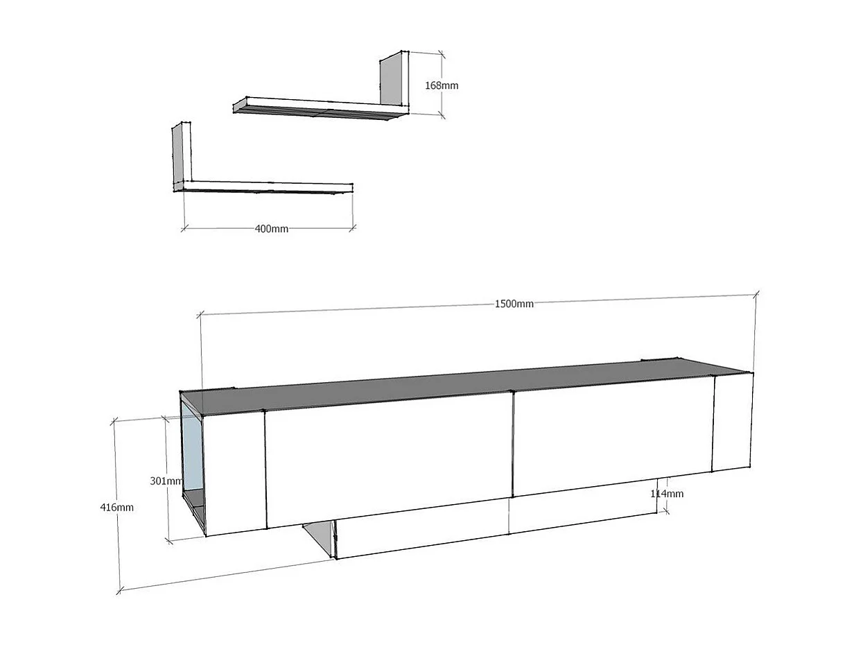 TV-Möbel mit 2 Türen und 2 weißen Wandregalen, Länge 150 cm - Matera