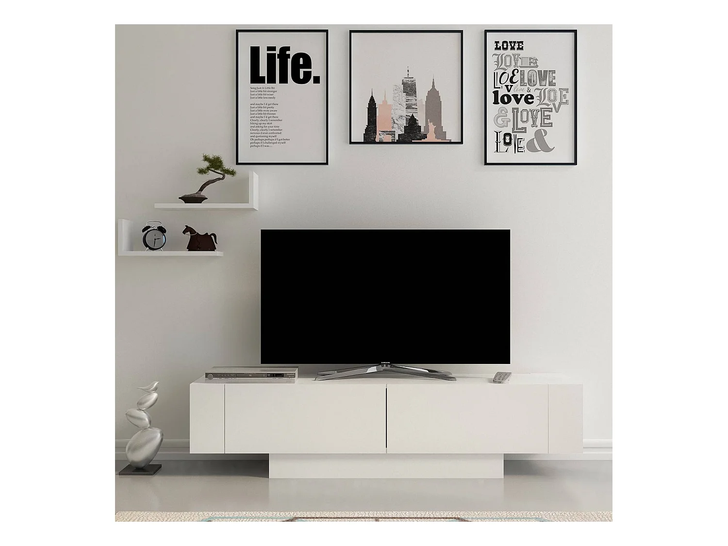 Meuble TV 2 portes et 2 étagères murales blanc L150 cm - Matera