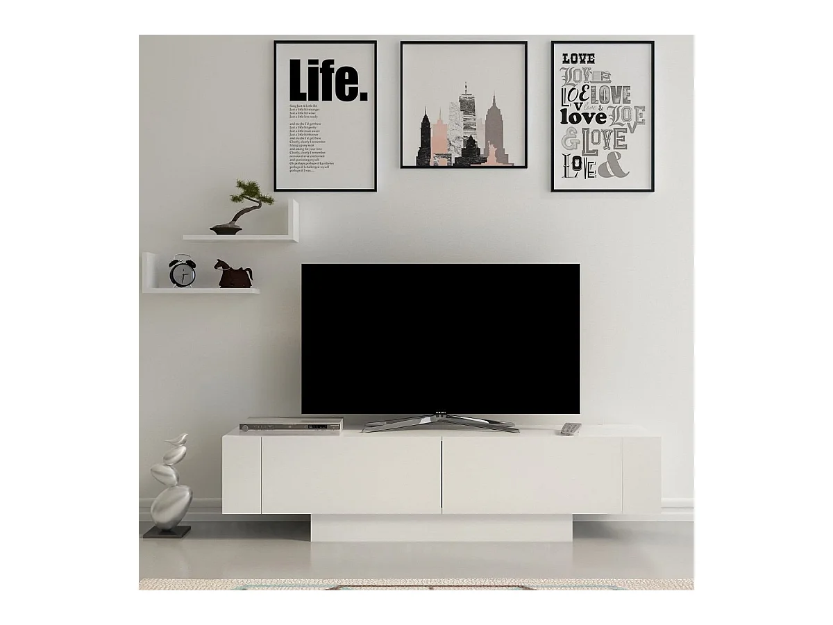 Meuble TV 2 portes et 2 étagères murales blanc L150 cm - Matera