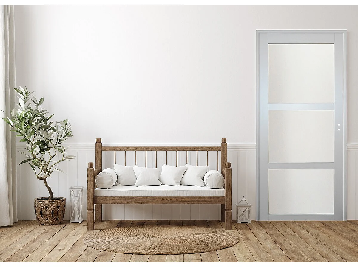 Bloc Porte Greyria Gris Clair Ral7035 Vitree H204 X L83 Poussant Gauche Cotes Tableau +poignee Gd Menuiseries