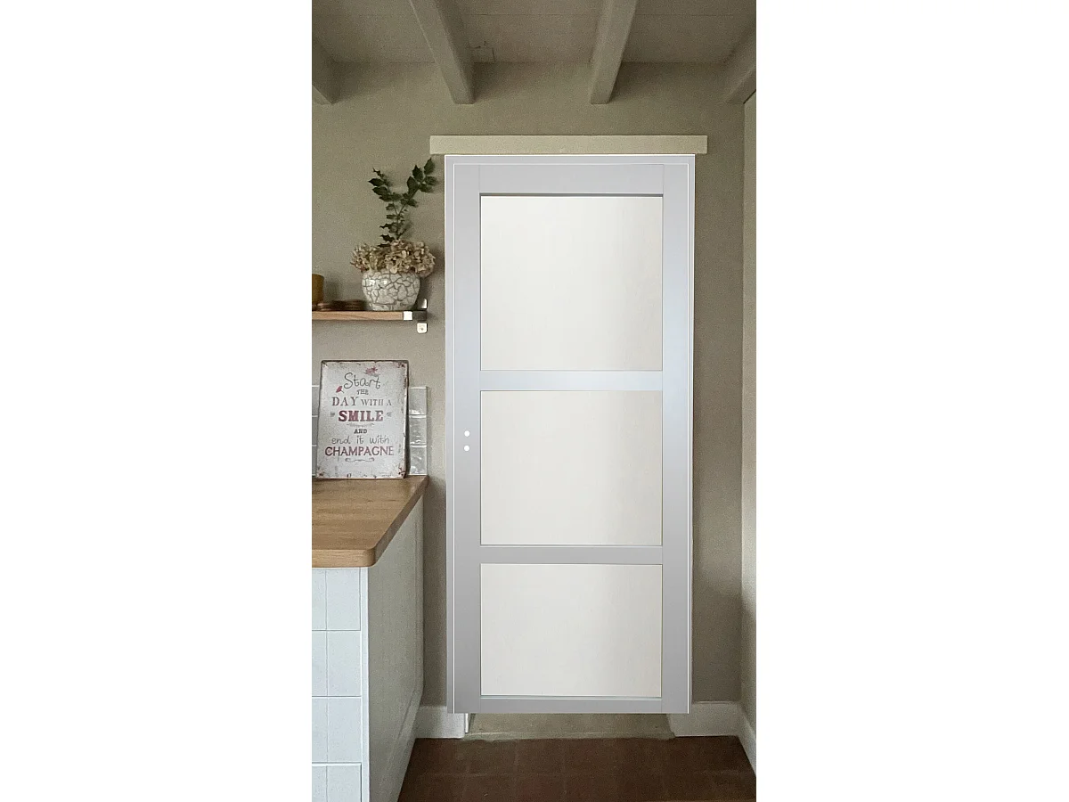 Bloc Porte Greyria Gris Clair Ral7035 Vitree H204 X L83 Poussant Droite Cotes Tableau +poignee Gd Menuiseries