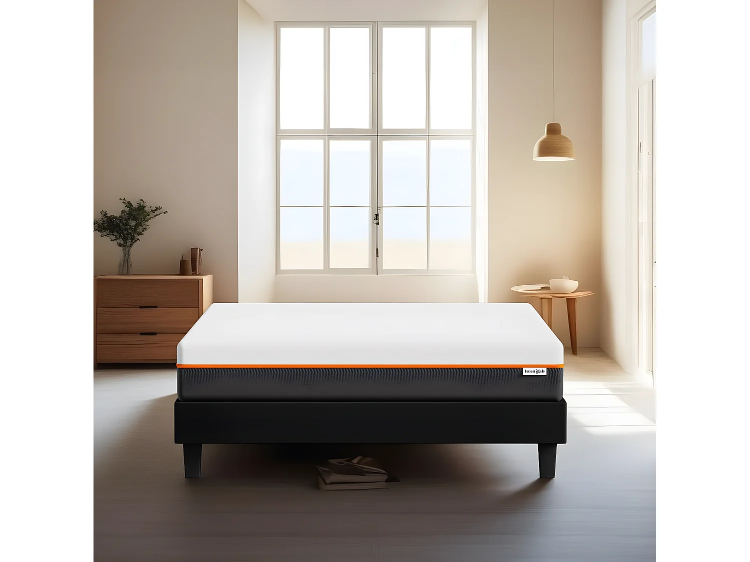 Ensemble sommier à lattes 180x200 cm en tissu noir + Matelas mousse gel à mémoire de forme, double confort - Dual Confort