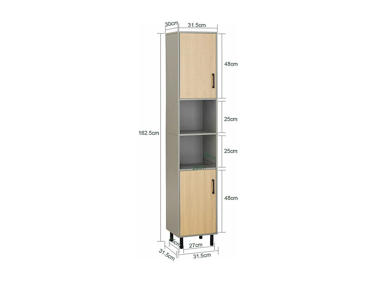 SoBuy Badkamerkolomkast, hoge kast, badkamerkolomkast opbergmeubel met 2 verstelbare planken, deuren, 2 open nissen, 31,5x 31,5 x 162,5 cm, BZR131-NG