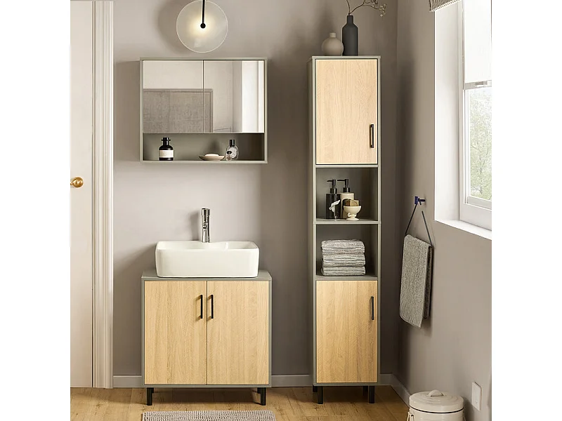 SoBuy Badkamerkolomkast, hoge kast, badkamerkolomkast opbergmeubel met 2 verstelbare planken, deuren, 2 open nissen, 31,5x 31,5 x 162,5 cm, BZR131-NG