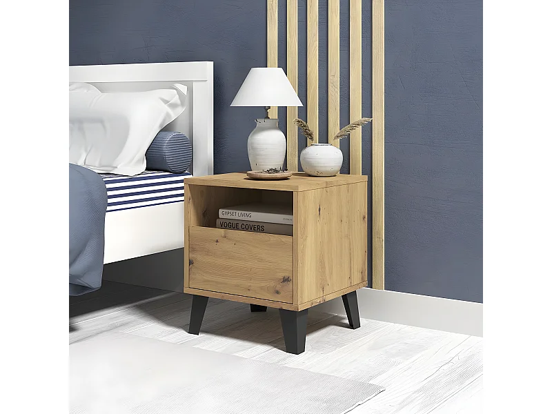 SONIA - Nachttisch im skandinavischen Stil - Abmessungen 40x39x45.5 cm - 1 Regal + 1 Schublade - Eiche