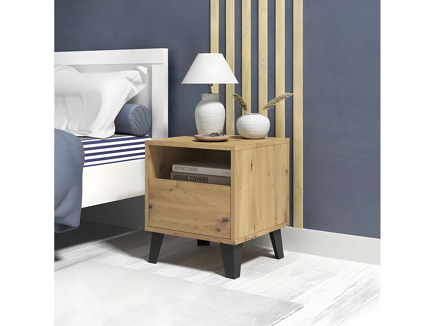 SONIA - Nachttisch im skandinavischen Stil - Abmessungen 40x39x45.5 cm - 1 Regal + 1 Schublade - Eiche