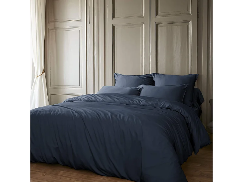 Parure de lit en bambou uni 260x240 bleu marine
