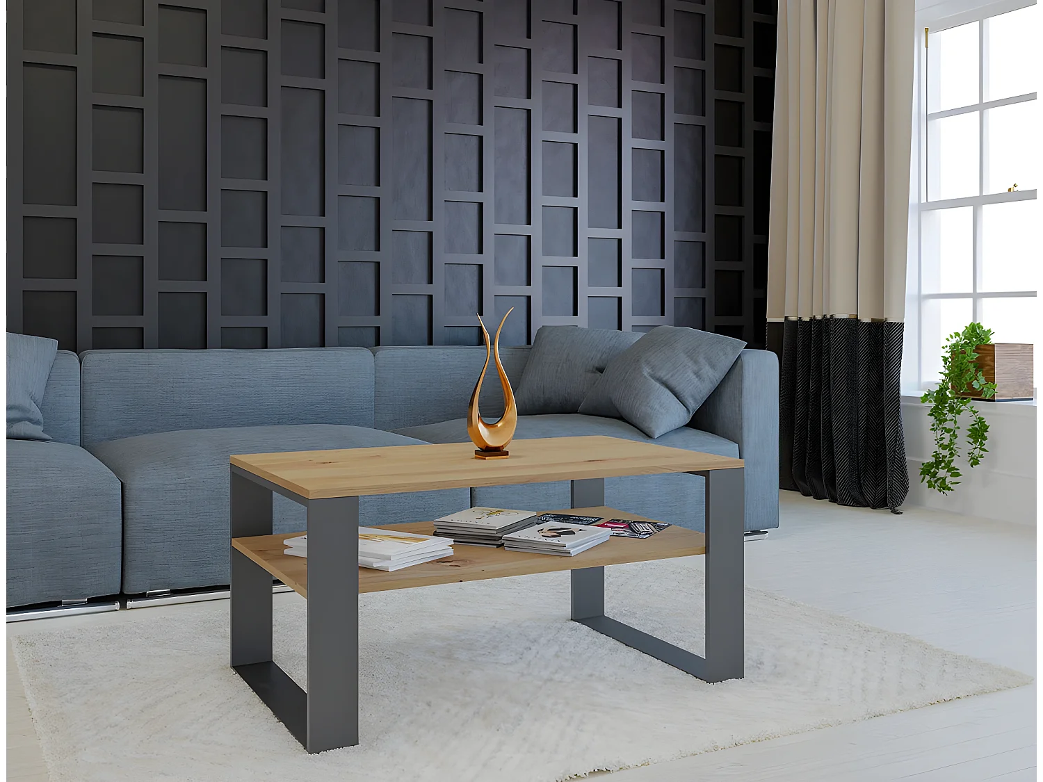 ASISA - Mesa de centro rectangular estilo loft - Dimensiones 90x58x50 cm - Mesa de centro con estante