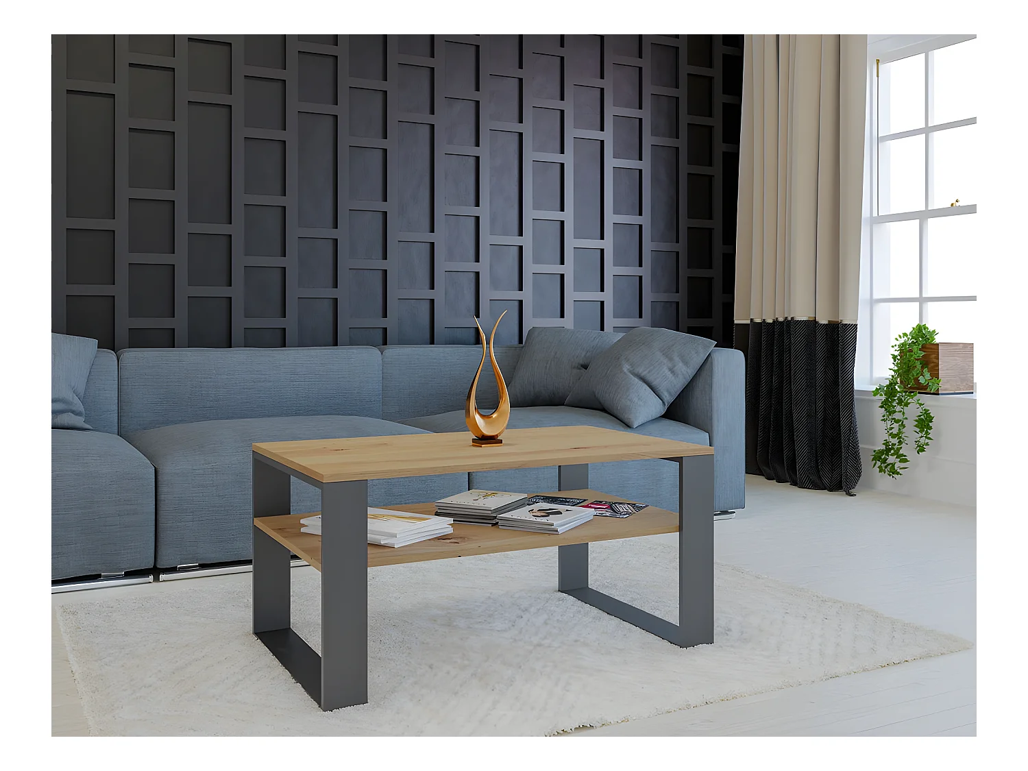 ASISA - Table basse rectangulaire style loft - Dimensions 90x58x50 cm - Table basse avec étagère