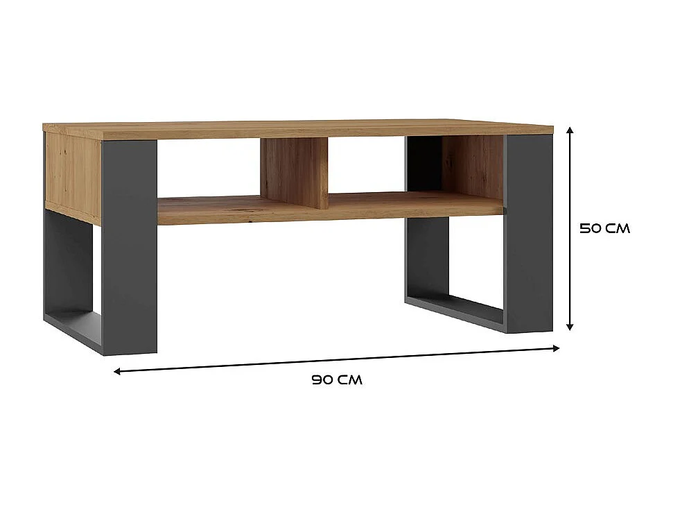 AUREA - Mesa de centro rectangular estilo loft - Dimensiones 90x58x50 cm - Mesa de centro con 2 estantes