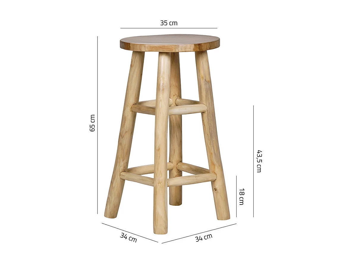 Tabouret haut H.65 cm en bois de teck avec repose pieds - FELICIA