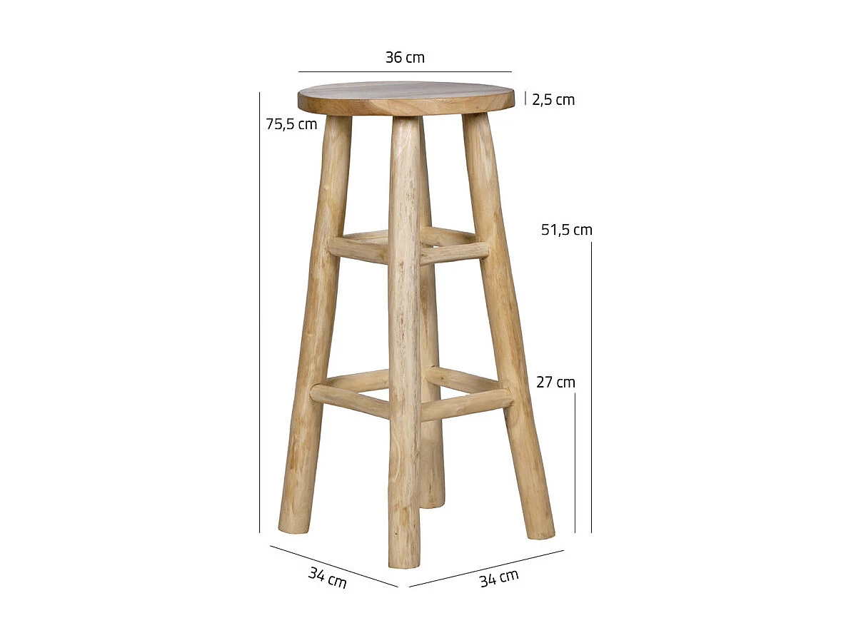 Tabouret haut H.75 cm en bois de teck avec repose pieds - FELICIA