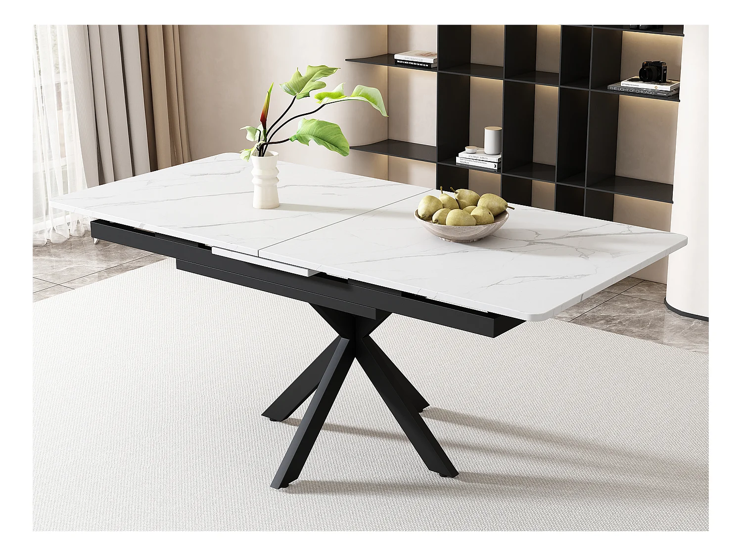 Table à manger extensible - pieds croisés en fer forgé - plateau à motif de marbre - Blanc & Noir