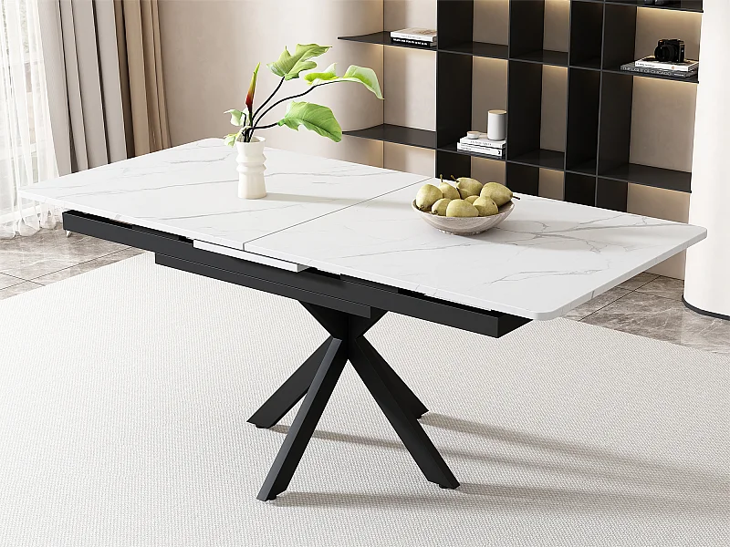 Table à manger extensible - pieds croisés en fer forgé - plateau à motif de marbre - Blanc & Noir