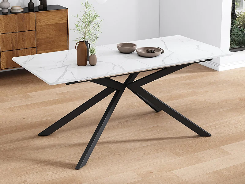 Table à manger extensible - pieds croisés en fer forgé - plateau à motif de marbre - Blanc & Noir