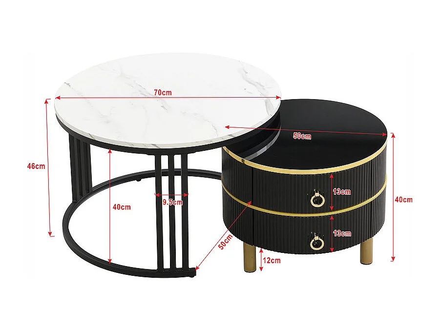 Juego de 2 mesas de centro nido con 2 cajones - tapa con diseño de mármol - Negro